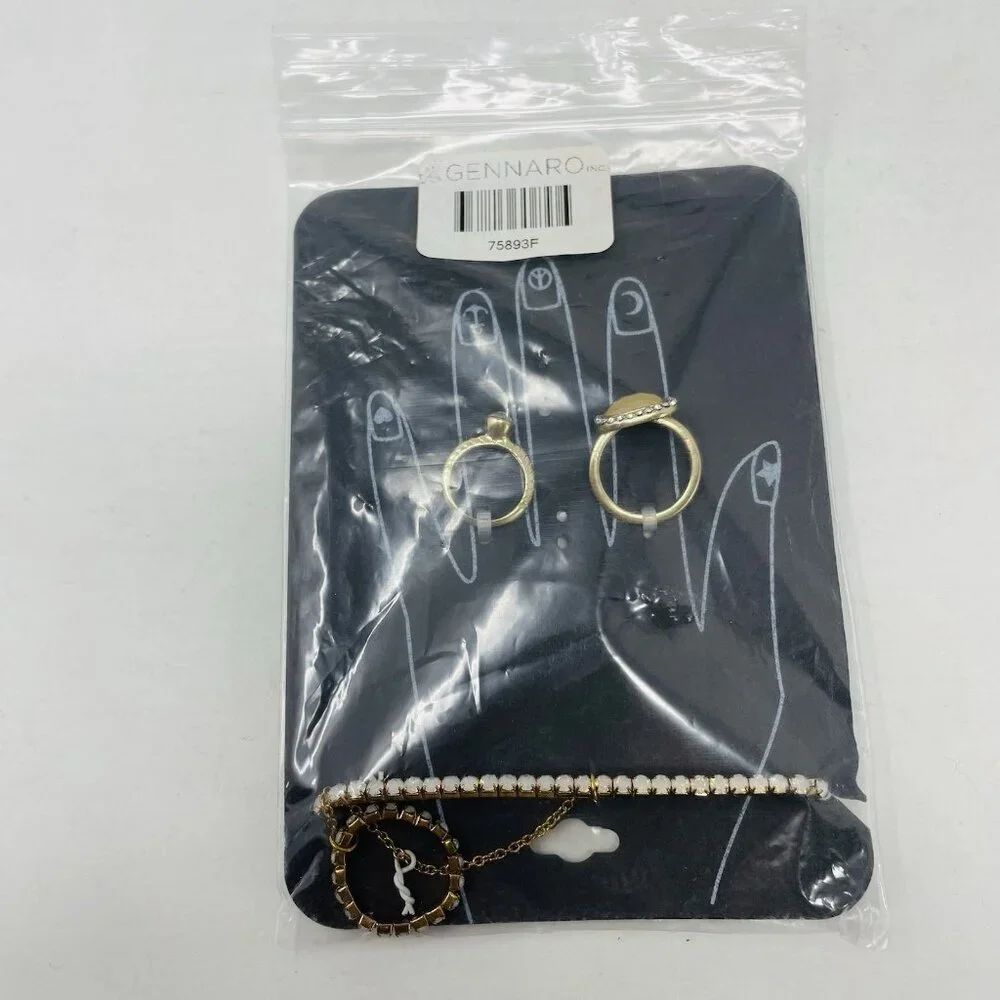 G by Gennaro Womens‎ Size 7 Gold Tone Stretch Bracelet with Ring Chain & 2 Rings